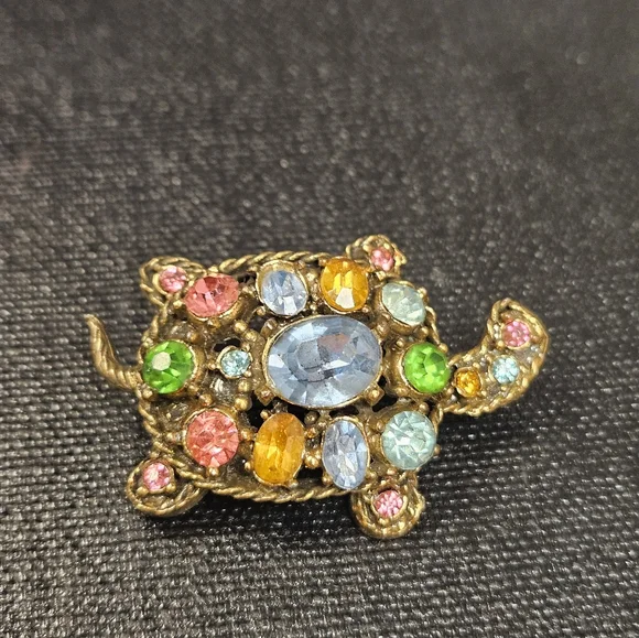 Vintage Colorful Gemstone Turtle Brooch 2" x 1.25" - Picture 2 of 4